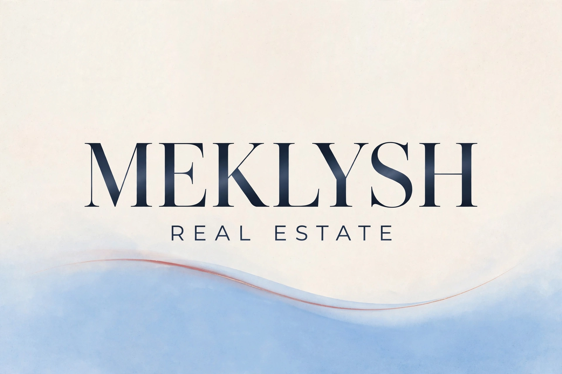 MEKLYSH Real Estate — navy wordmark over an ivory to baby-blue wave